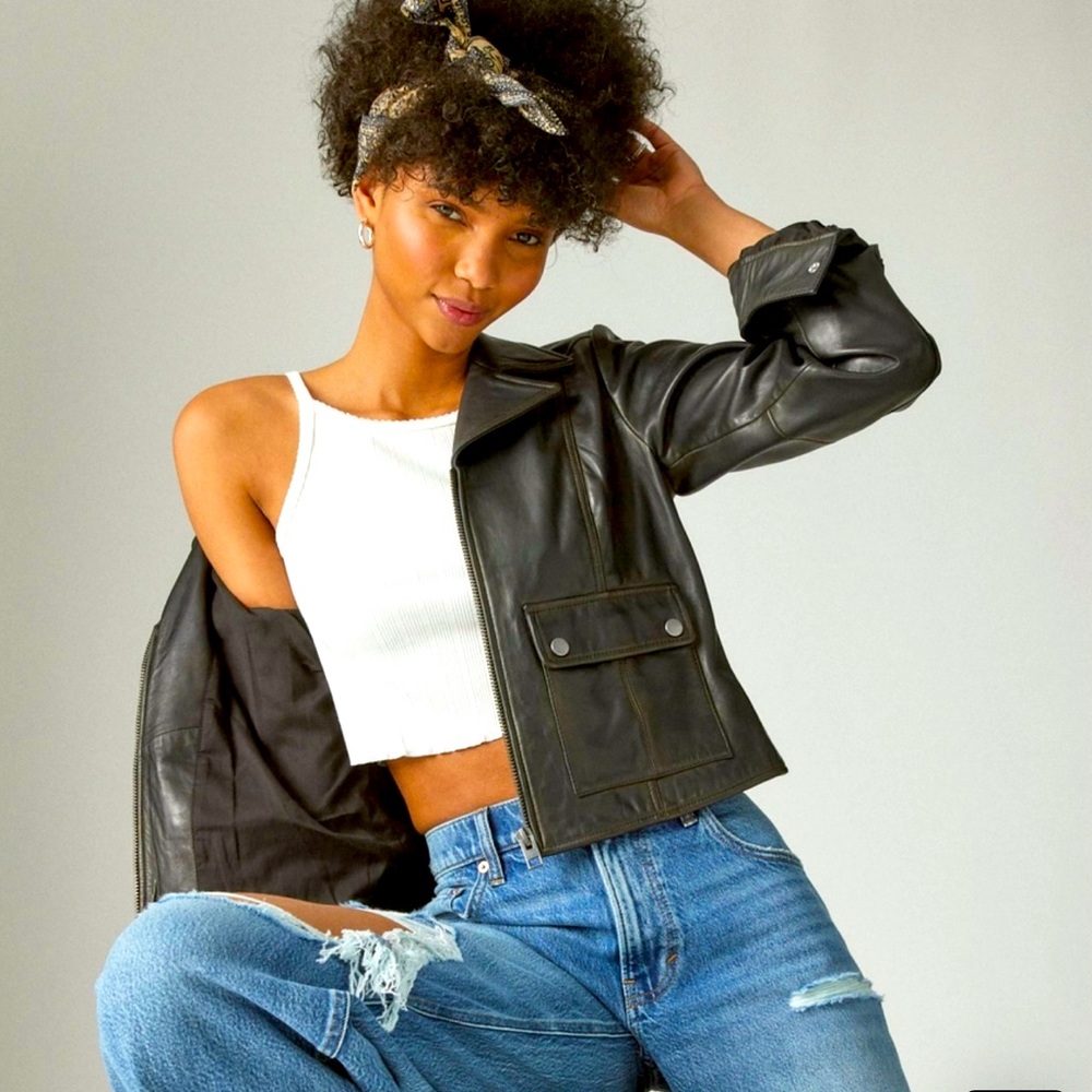 Lucky Brand distressed Brown Leather Motto Jacket